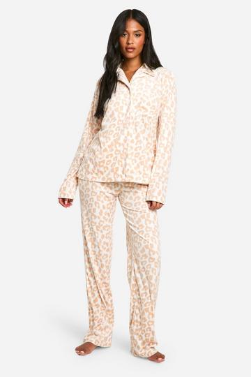 Tall Fleece Monochrome Luipaardprint Pyjama Set cream