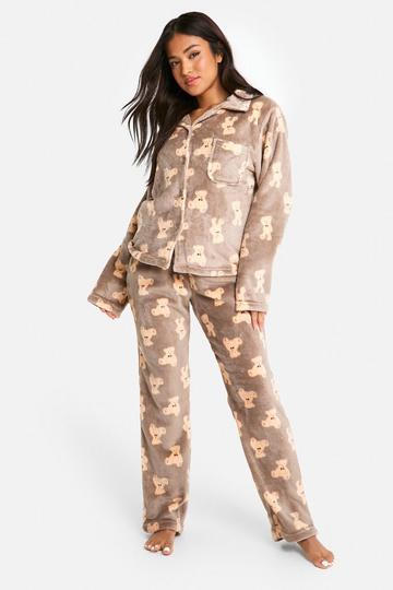 Petite Fleece Beren Pyjama Set Met Knopen brown