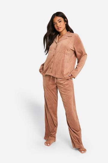 Petite Velour Fleece Button Up Pj Set caramel