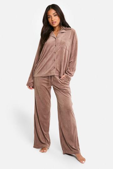 Petite Velour Fleece Button Up Pj Set chocolate