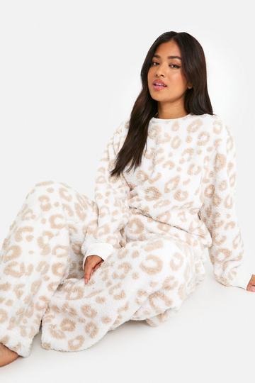 Petite Tonal Leopard Sweat And Wide Leg Jogger Set brown