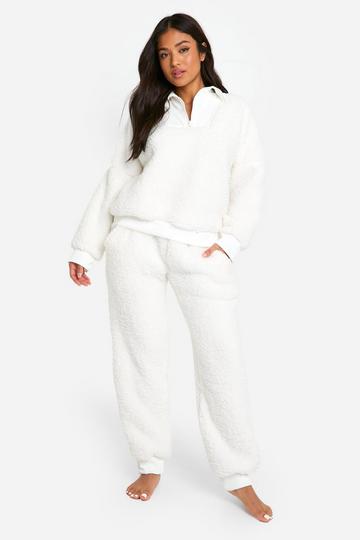 Cream White Petite Rib Fleece Half Zip And Track Pants Lounge Set