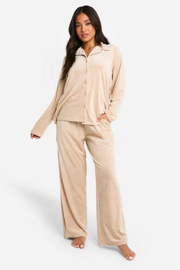 Petite Rib Fleece Button Front Pyjama Set mocha