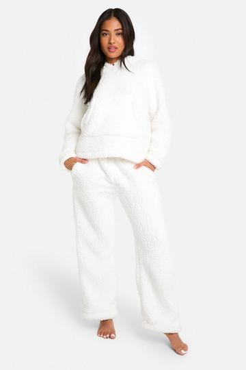 Petite Pluizige Fleece Hoodie En Wide Leg Joggingbroek Set cream