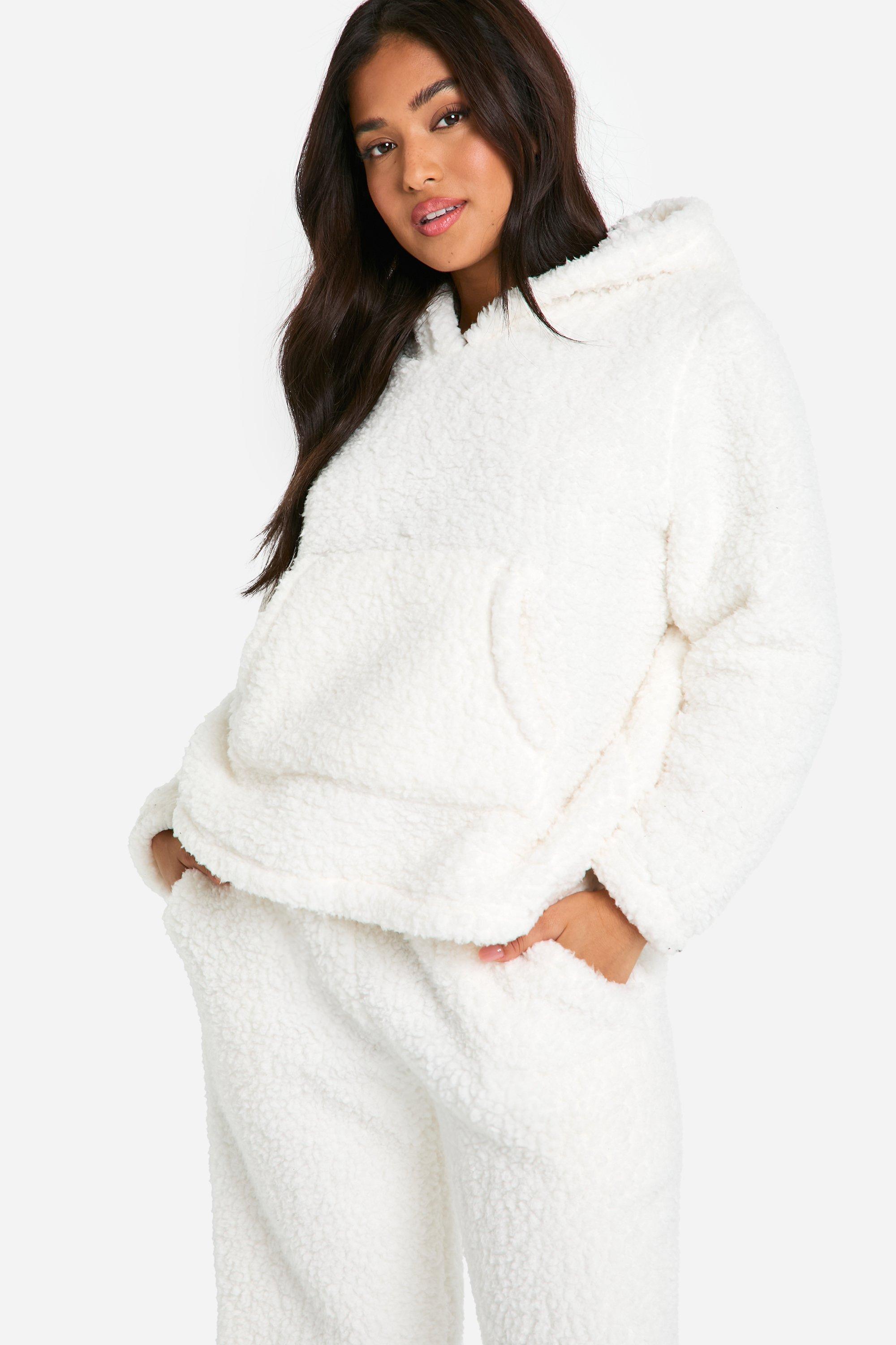 Petite Fluffy Fleece Hoody And Wide Leg Jogger Set boohoo NO