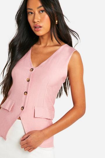 Pink Linen Look Longline Waistcoat