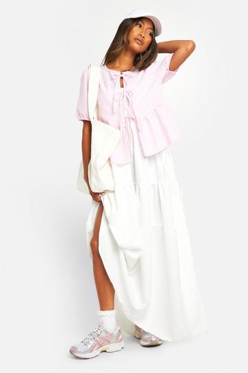 Gingham Puff Sleeve Tie Front Blouse light pink