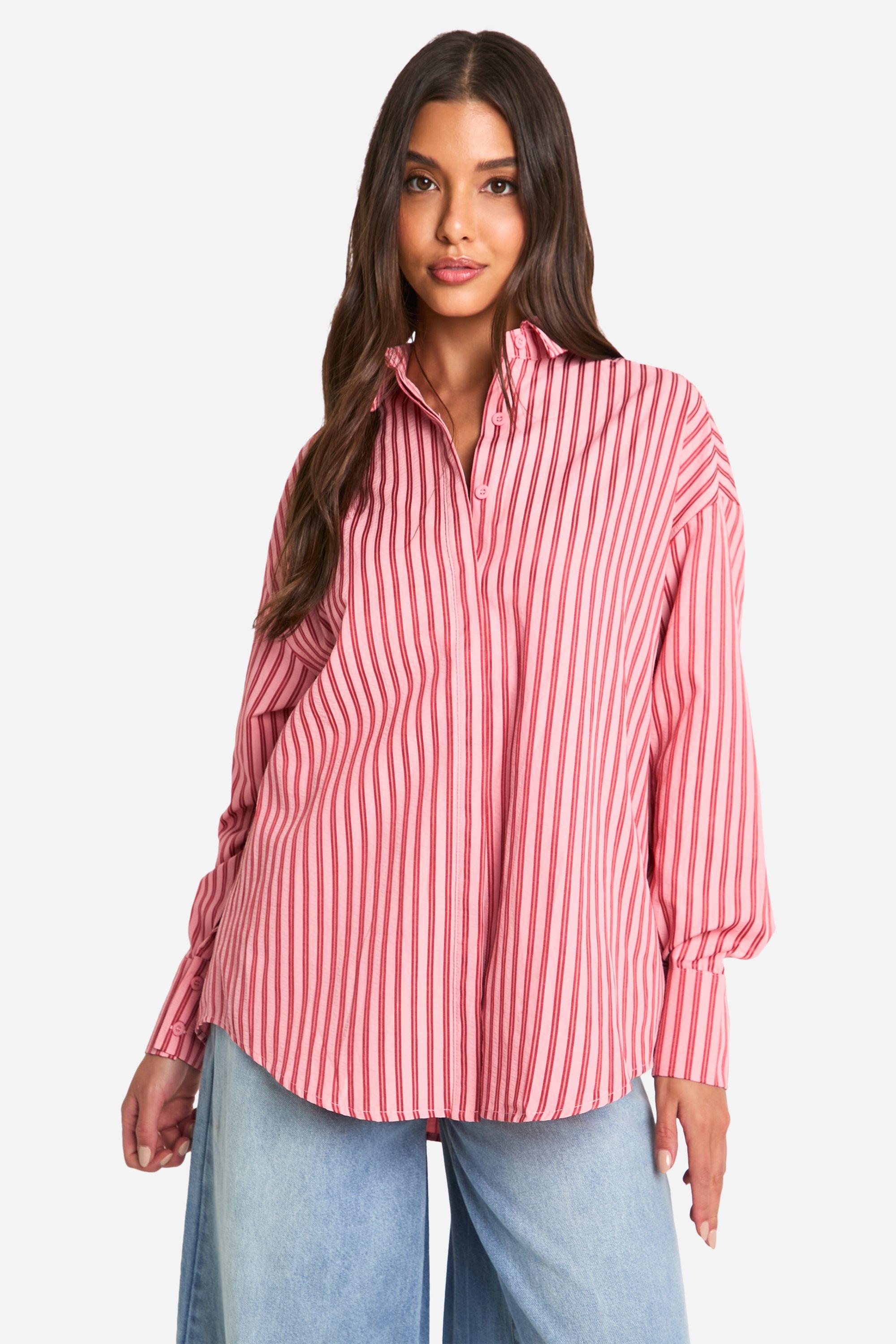 Oversized Textured Stripe Puff Sleeve Shirt | boohoo USA