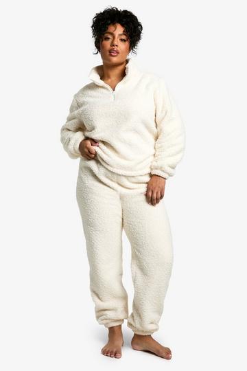 Plus Fleece Bouclé Trui Met Rits En Joggingbroek Set cream