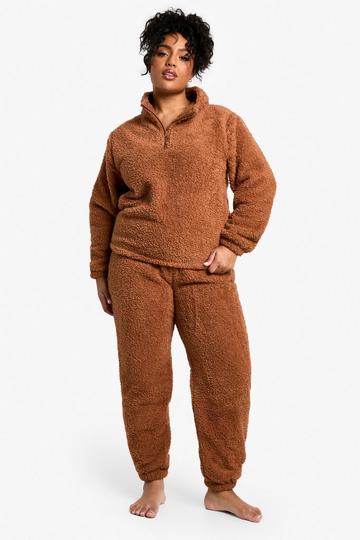 Plus Fleece Bouclé Trui Met Rits En Joggingbroek Set brown