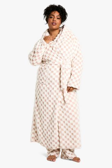 Plus Baby Pink Checkerboard Maxi Fleece Dressing Gown baby pink