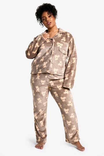 Plus Bear Fleece Button Front Pyjama Set brown