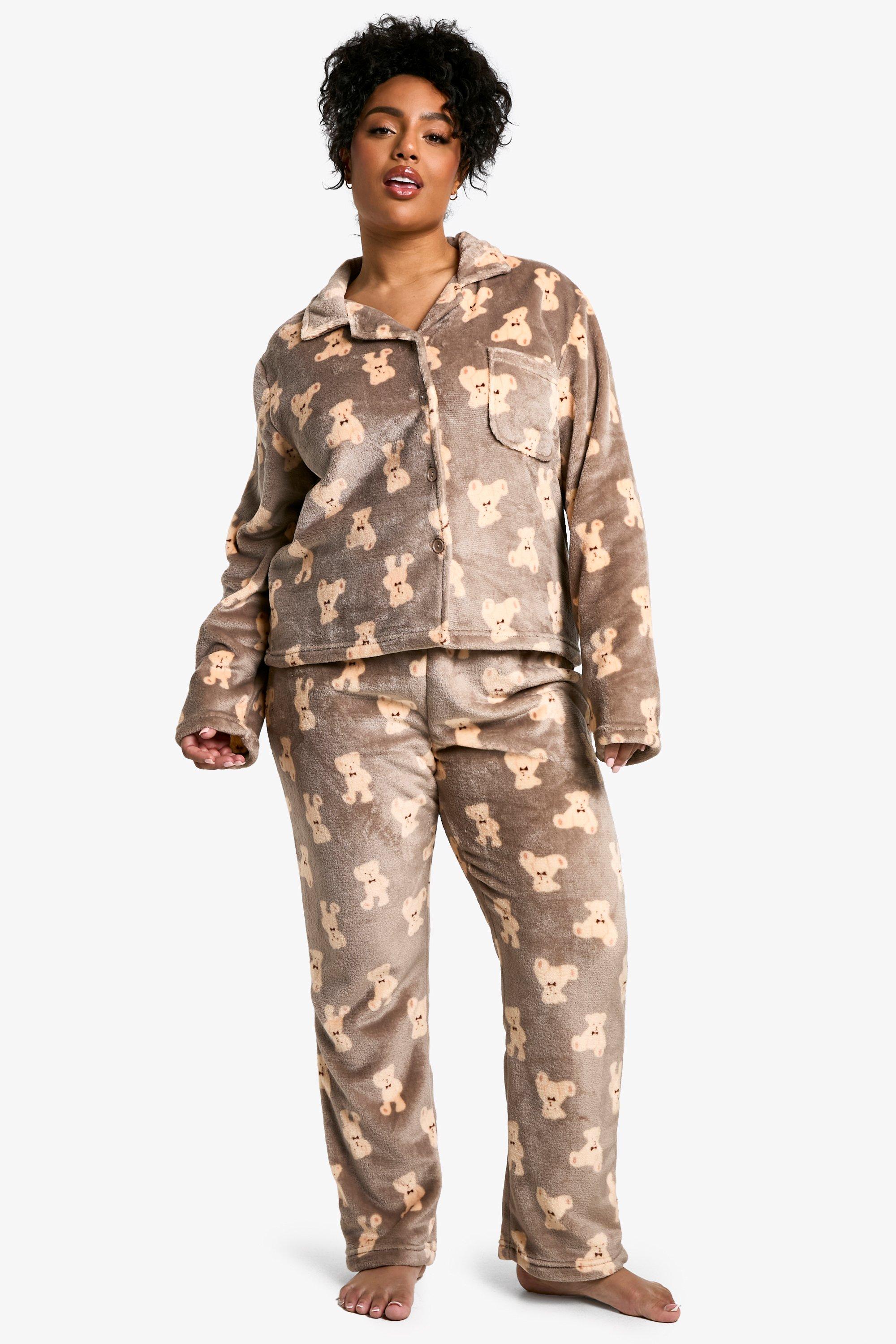 Plus Bear Fleece Button Front Pyjama Set boohoo IE