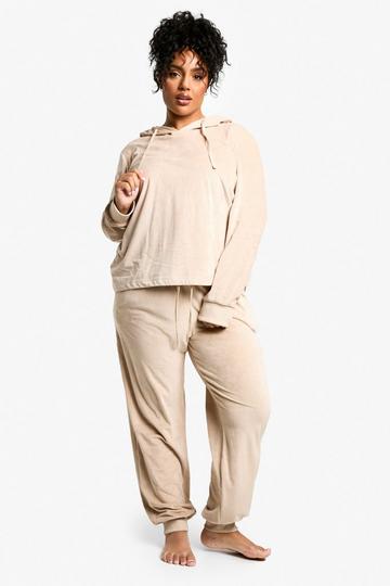 Plus Geribbelde Fleece Hoodie En Joggingbroek Set mocha