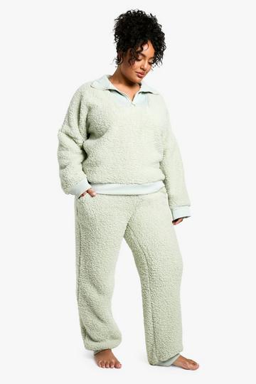 Plus Geribbelde Lounge Set Met Fleece Korte Rits En Joggingbroek sage