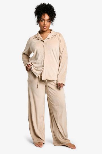 Plus Rib Fleece Button Front Pyjama Set mocha