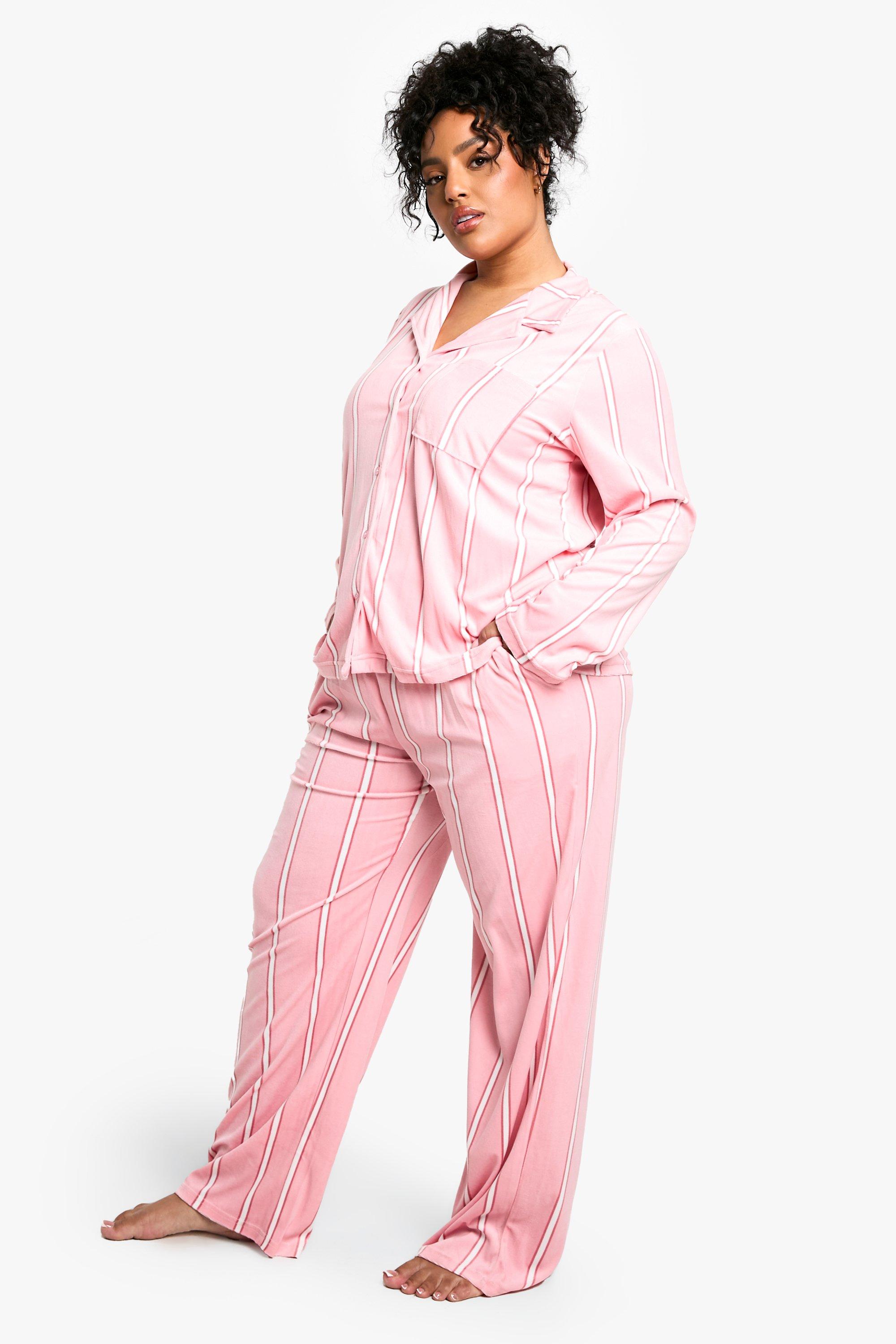 Boohoo Women s Plus Pink Stripe Fleece Pyjama Set Pink