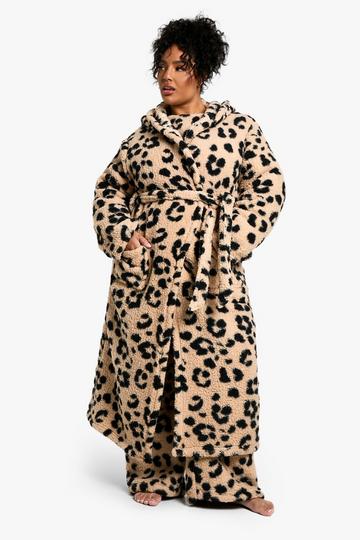 Plus Leopard Borg Hooded Dressing Gown leopard