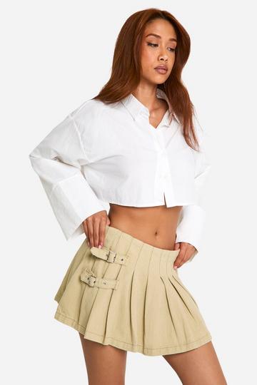 Denim Buckle Detail Pleated Micro Mini Skirt light stone