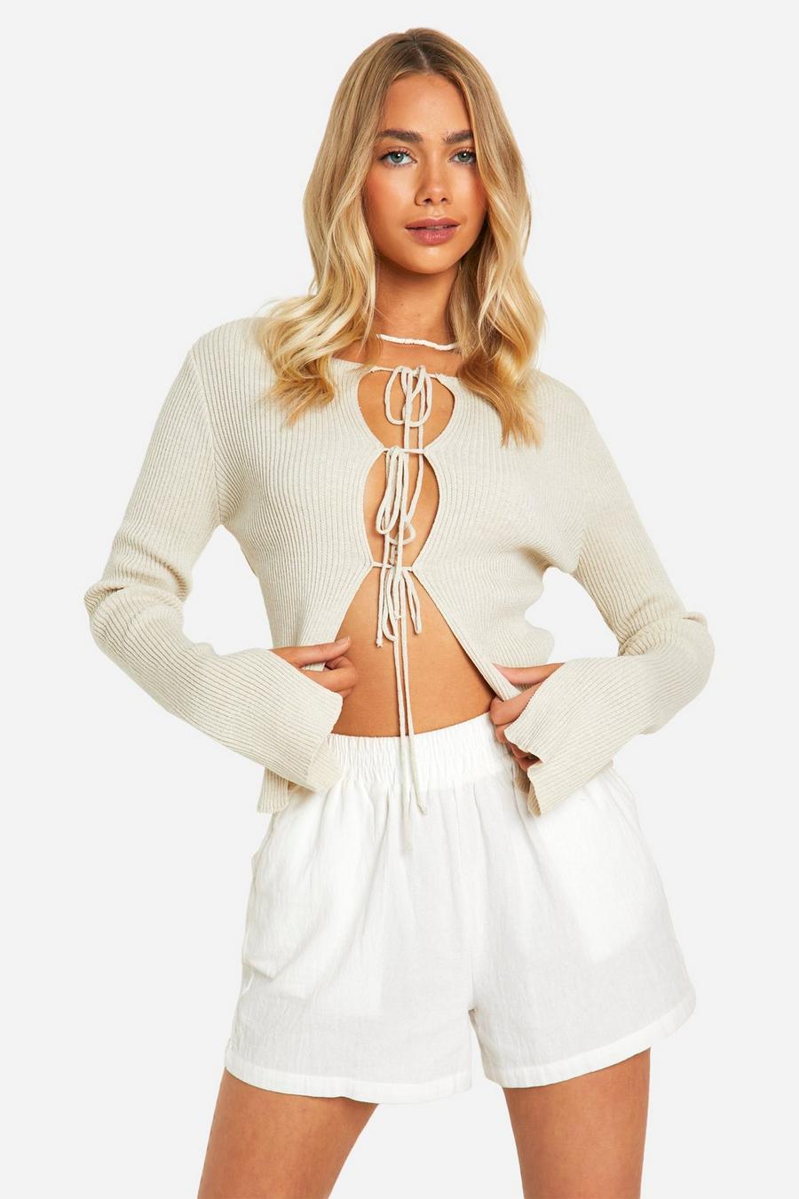 Stone Lightweight Rib Knit Tie Front Top 