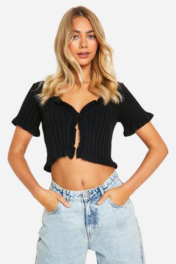 Black Lightweight Rib Knit Tie Front Top