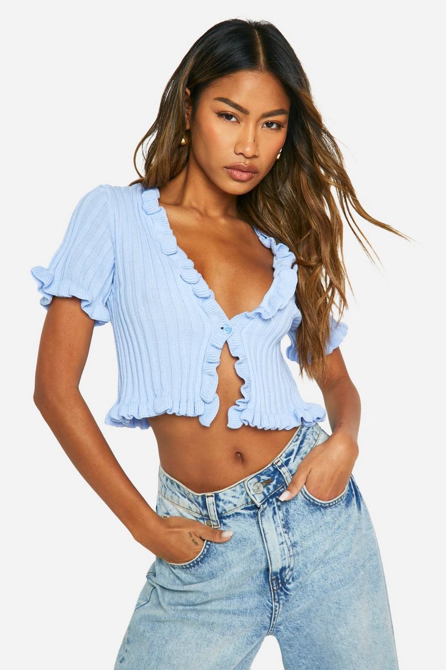Baby blue Lightweight Rib Knit Tie Front Top  