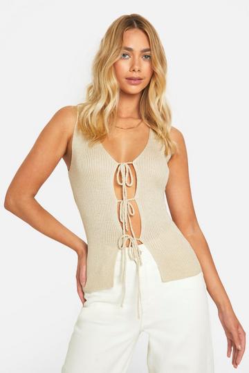 Stone Beige Lightweight Tie Front Knitted Waistcoat