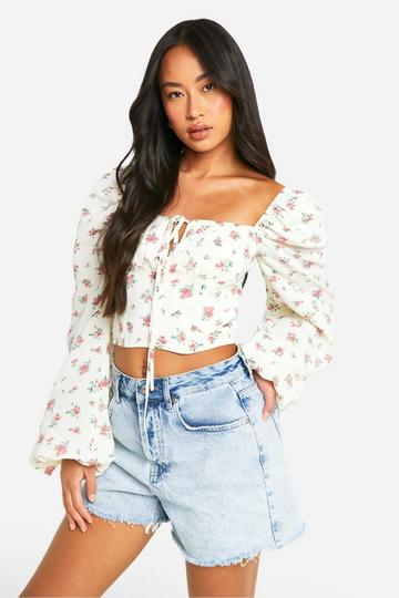 Floral Milkmaid Tie Detail Top ivory