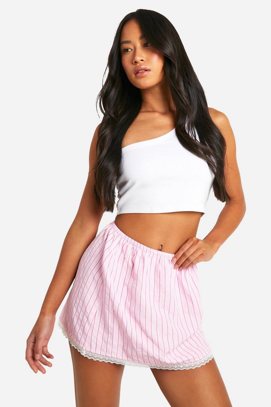Pink Textured Stripe Lace Trim Mini Skirt  image number 1
