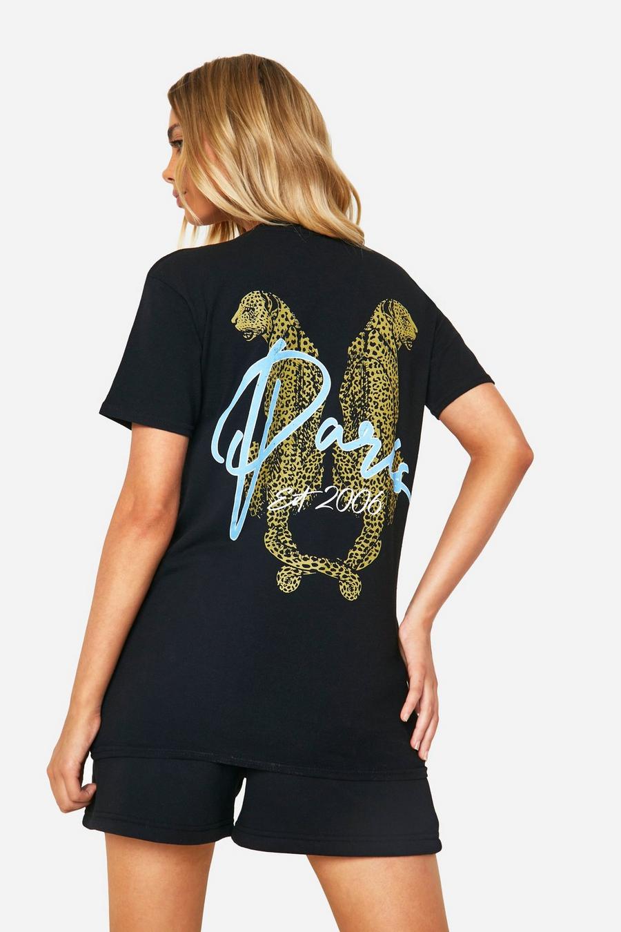 Black Paris Slogan Leopard Printed Oversized T-shirt  