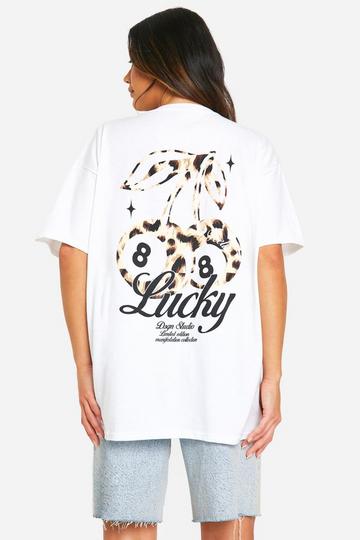 Lucky Cherry Leopard Slogan Printed Oversized T-shirt white