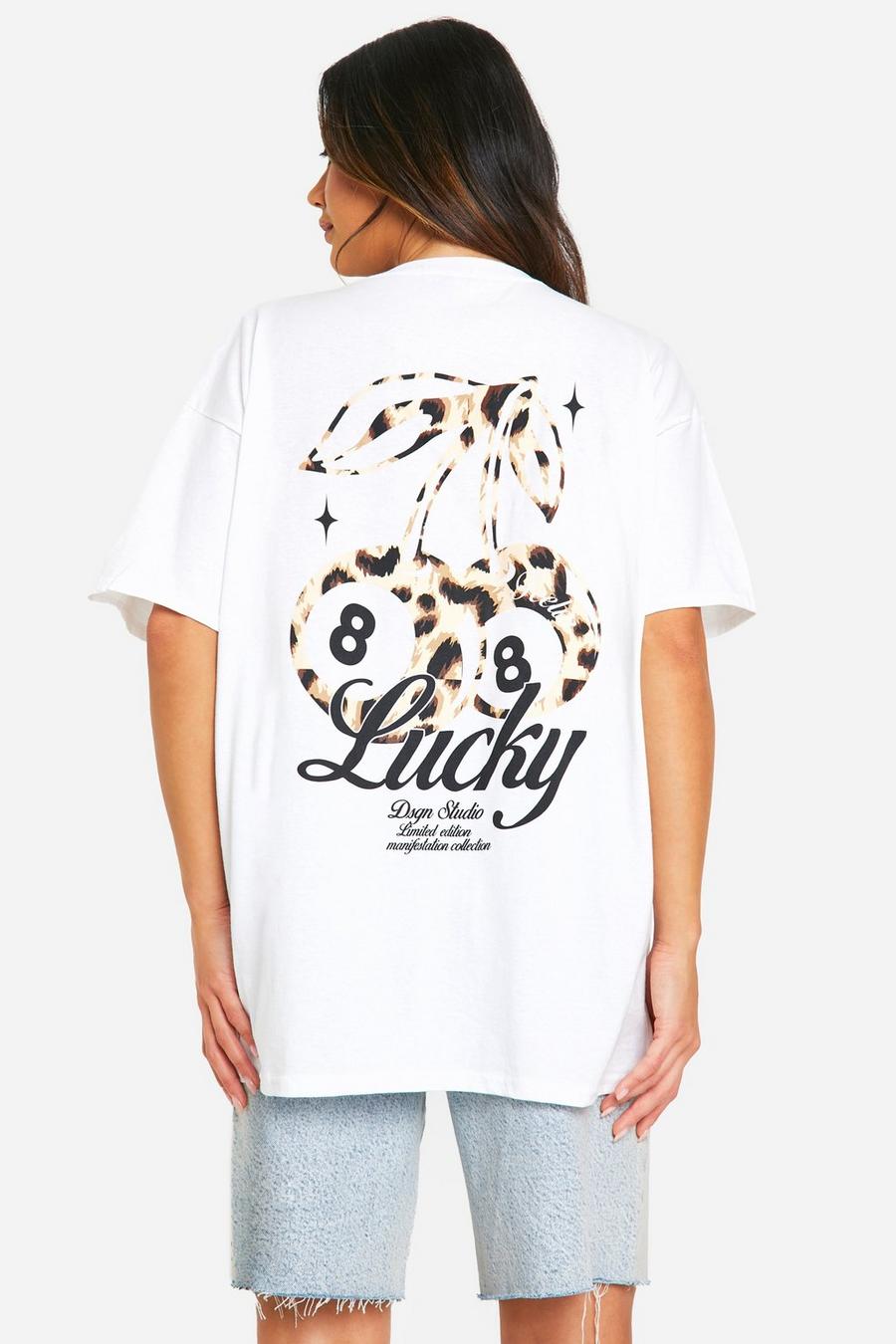 White Oversized Luipaardprint Lucky Cherry T-Shirt Met Tekst