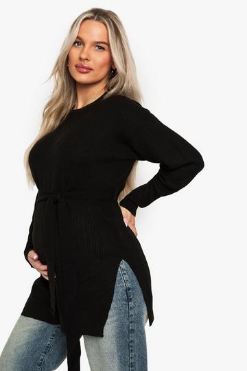 Maternity Side Split Knitted Tie Waist Jumper black