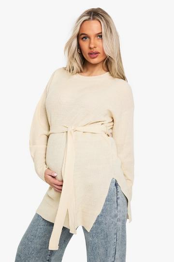 Maternity Side Split Knitted Tie Waist Jumper stone