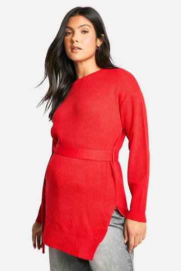 Maternity Side Split Knitted Tie Waist Jumper red