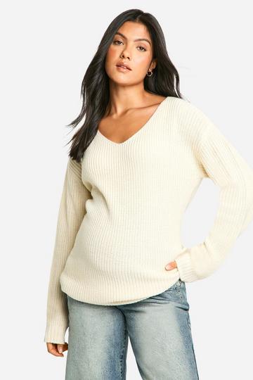 Stone Beige Maternity Knitted V Neck Jumper