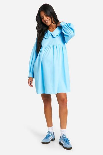 Maternity Poplin Frill Collared Long Sleeve Smock Dress light blue