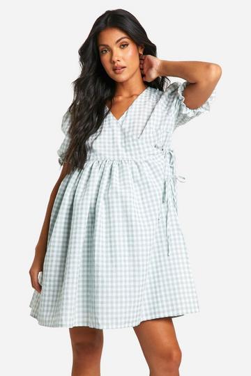 Zwangerschap Gesmokte Gingham Mini Wikkel Jurk Met Pofmouwen sage