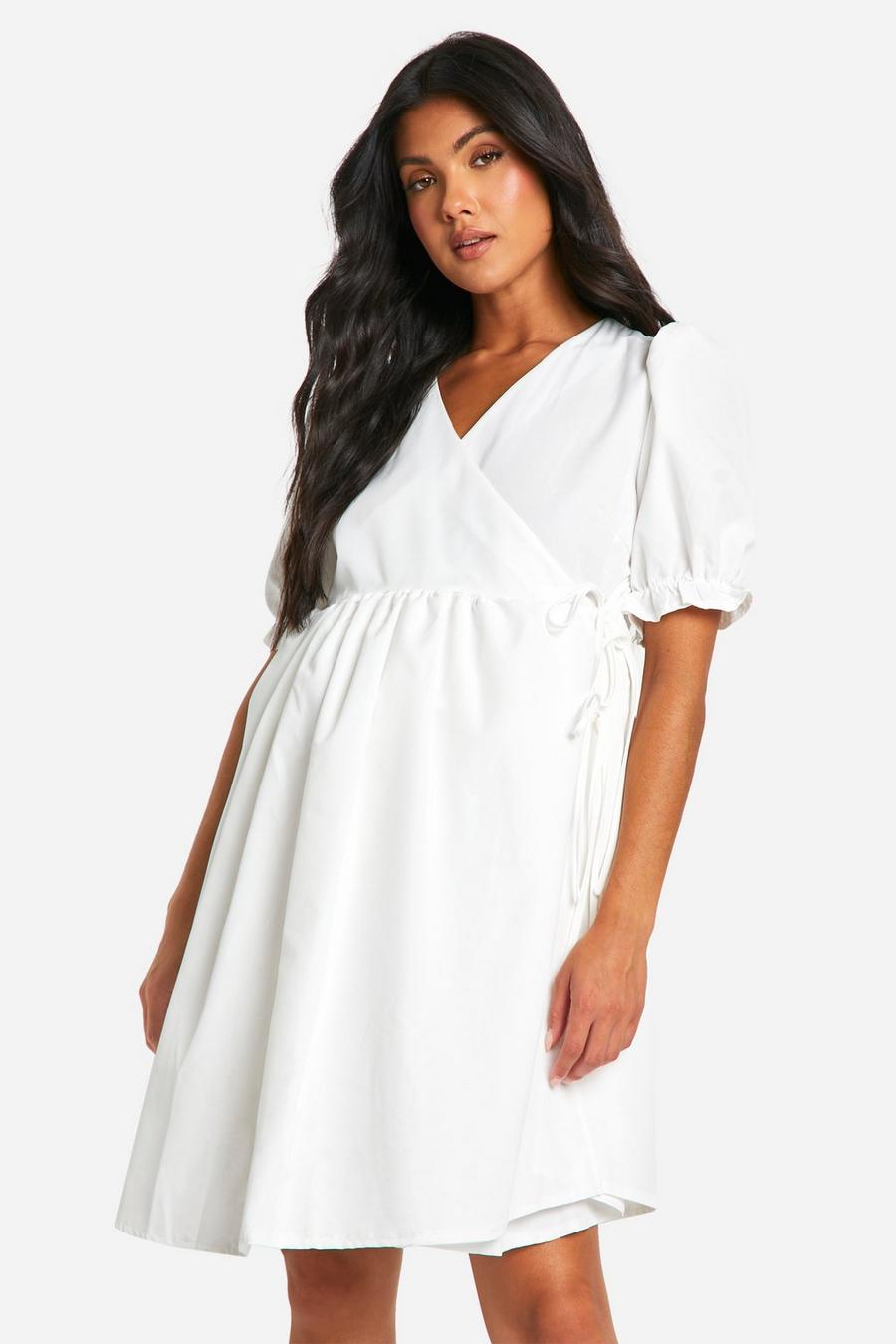 White Maternity Puff Sleeve Wrap Mini Smock Dress image number 1