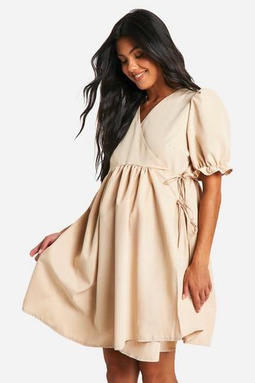 Maternity Puff Sleeve Wrap Mini Smock Dress stone