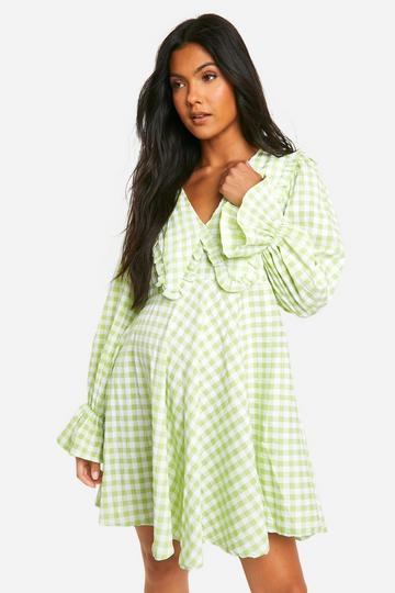 Maternity Gingham Collared Puff Sleeve Smock Dress green