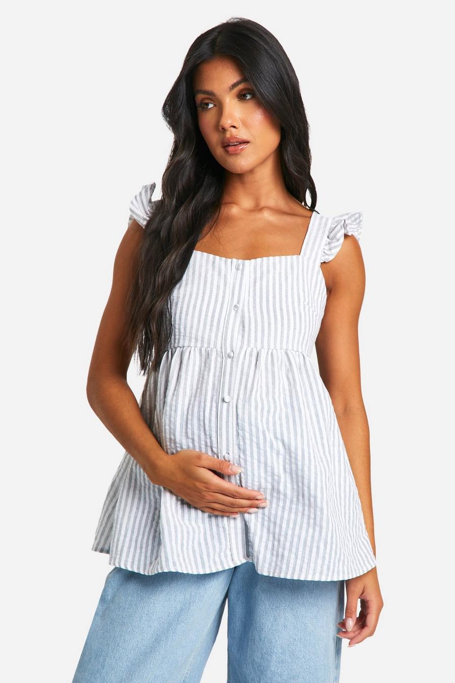 Grey Maternity Striped Frill Shoulder Cami Smock Top image number 1