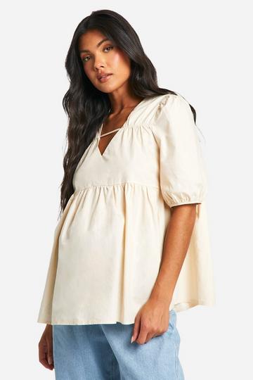 Maternity V Neck Puff Sleeve Smock Top stone