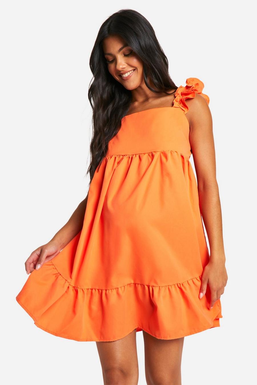 Orange Maternity Frill Sleeve Smock Mini Dress image number 1