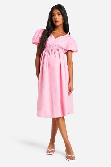 Pink Maternity Puff Sleeve Midi Smock Dress