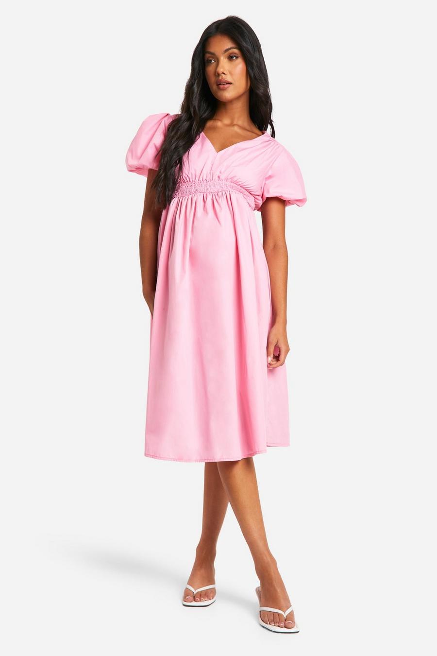 Light pink Maternity Puff Sleeve Midi Smock Dress