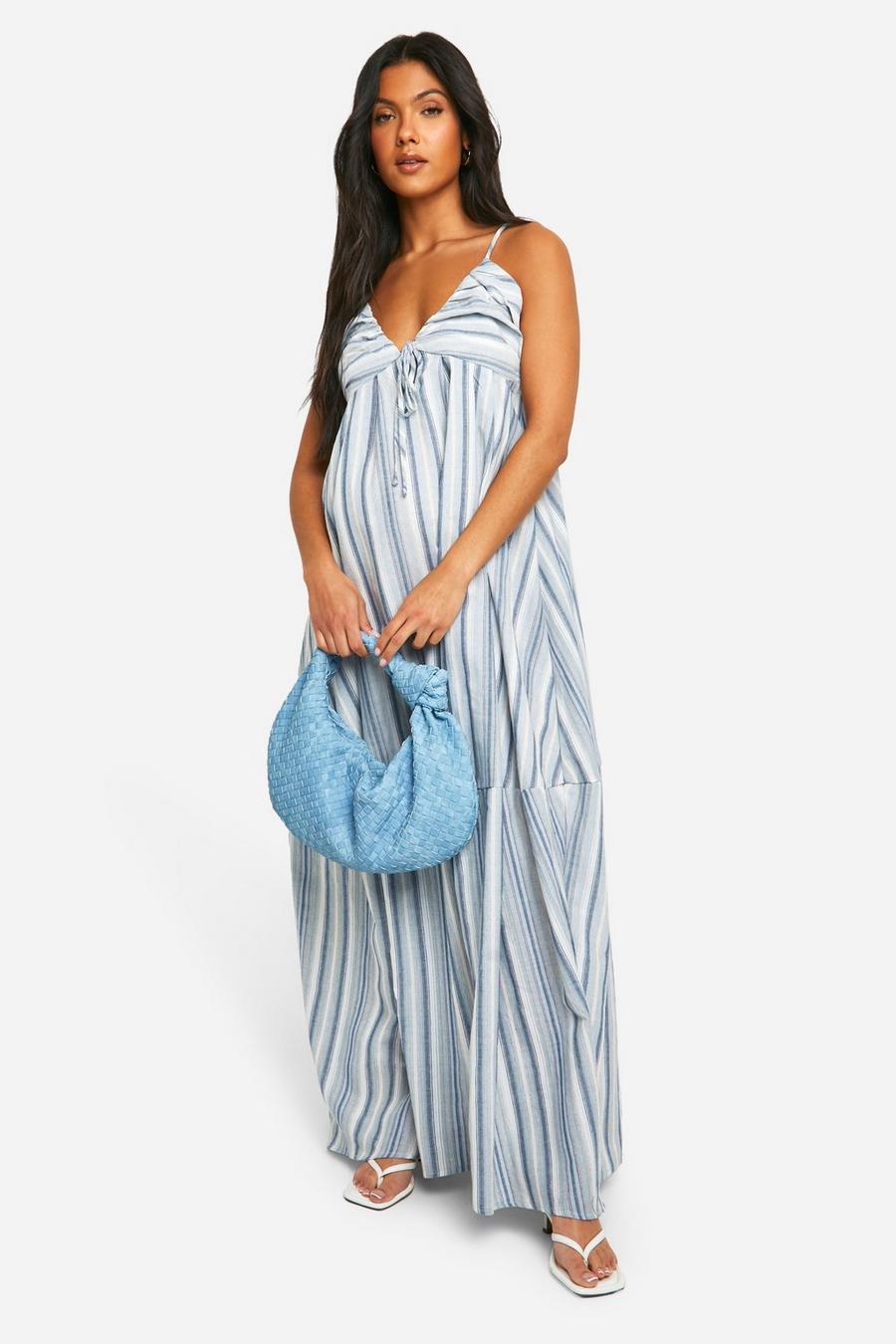 Light blue Maternity Linen Look Striped Strappy Maxi Dress image number 1