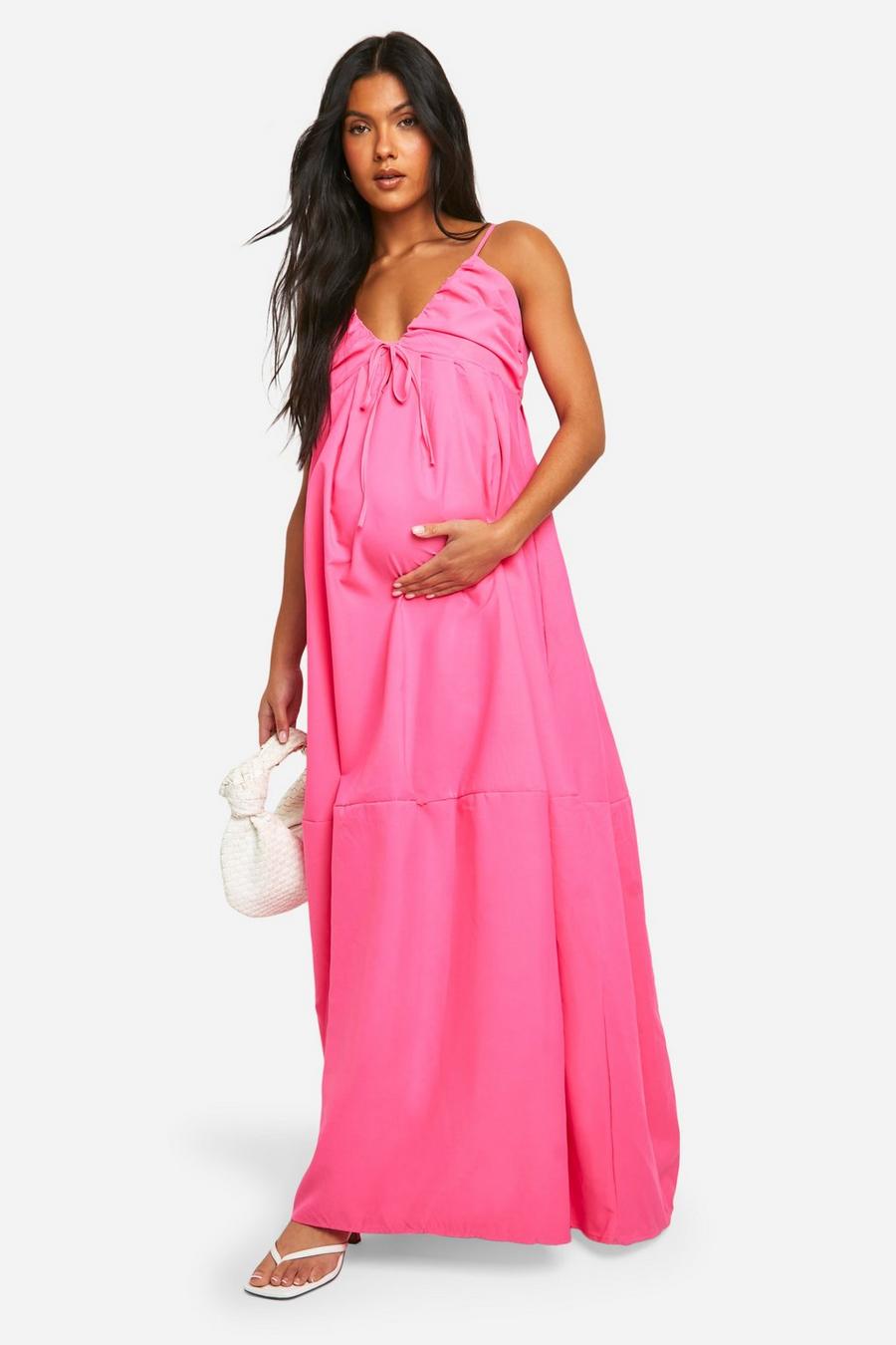 Bright pink Maternity Linen Look Strappy Maxi Dress image number 1