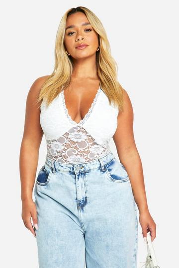 Plus Lace Plunge Bodysuit white