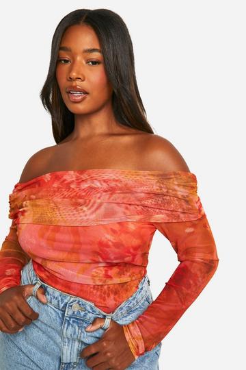 Plus Bardot Floral Mesh Bodysuit orange